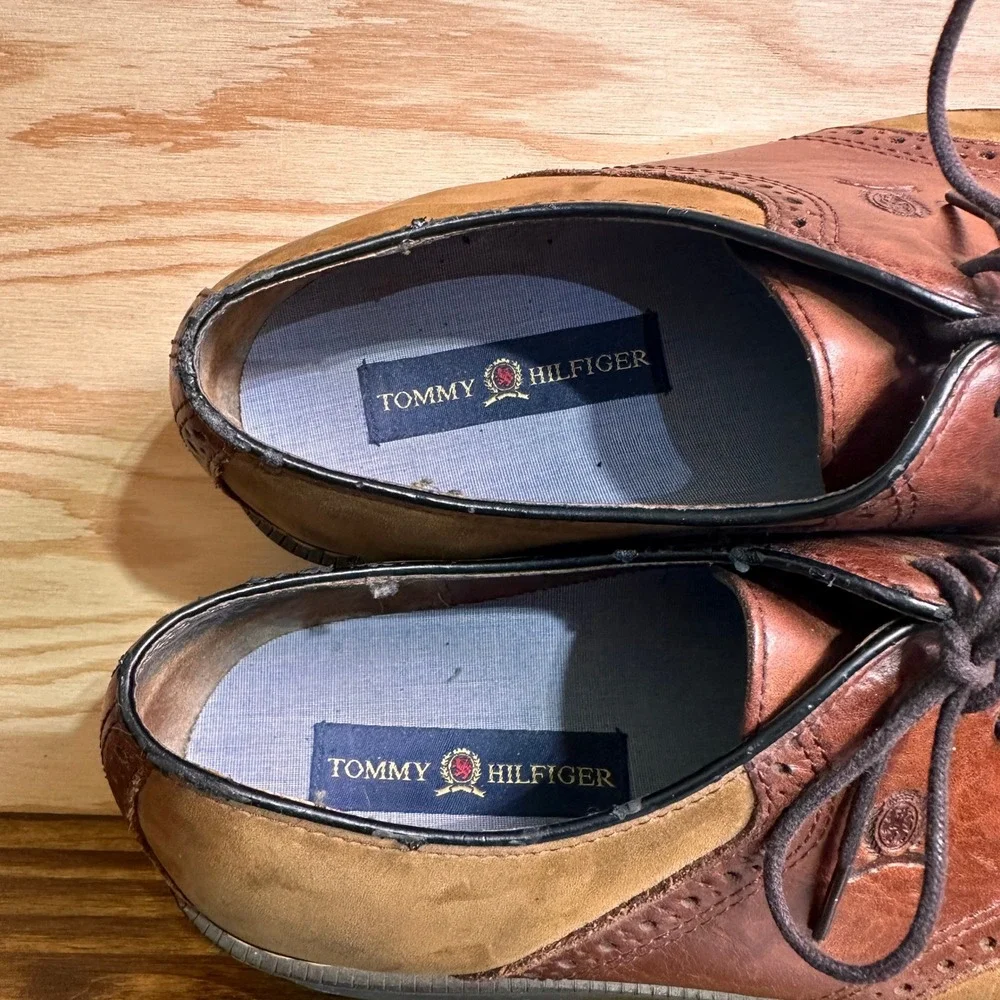 Tommy Hilfiger Oxford Saddle Shoes Mens 11 Brown Leather Suede Wingtip Lug Sole